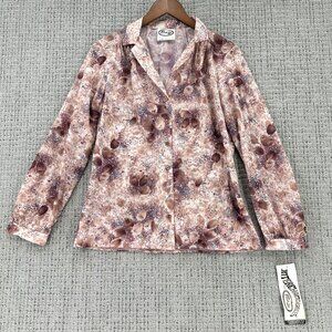 Frank Lee Vintage Blouse Womens Size 11/12 Brown Beige Button Down Floral Long S